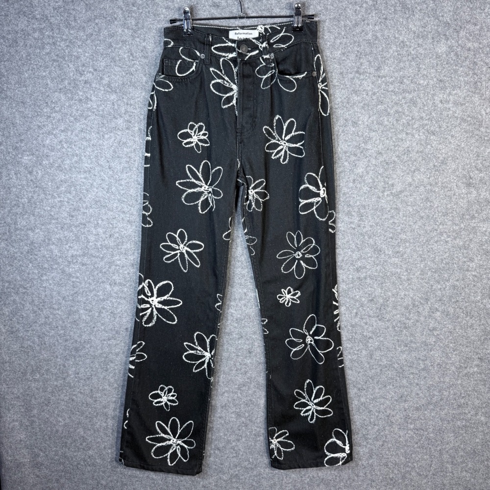 Reformation‎ Jeans 23 Daisy High Rise Straight Long Floral Black Denim